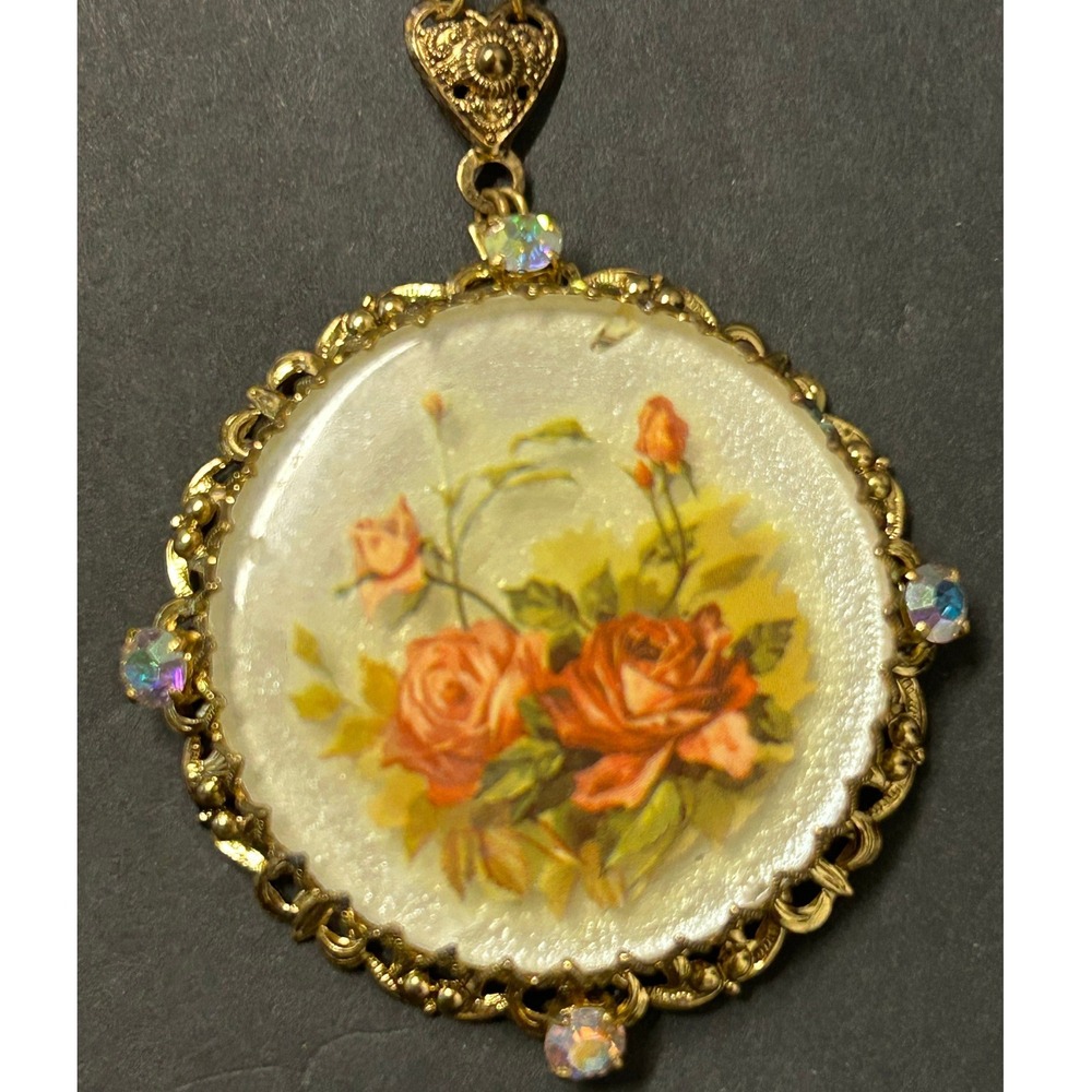 West Germany Floral Rose‎ Pendant Necklace Gold Victorian Filigree AB
